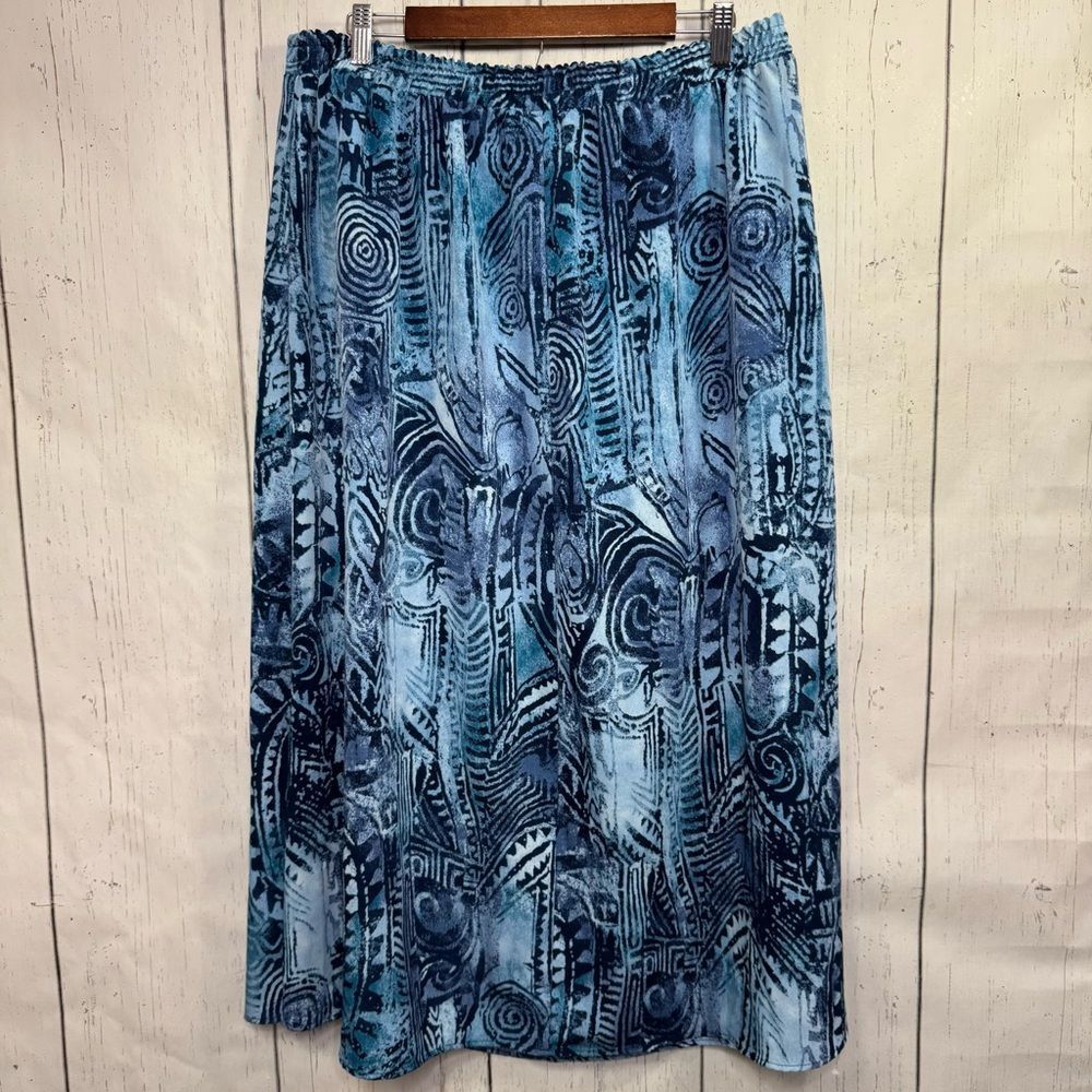 Roamans Blue Abstract Midi Skirt Pull On Artsy Boho 90s Grunge Coastal Flowy
